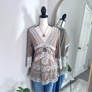 Passion Concept tan lace trim v-neck blouse with diamond detailing